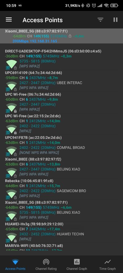 Wi-Fi analyzer_intenzita signalu