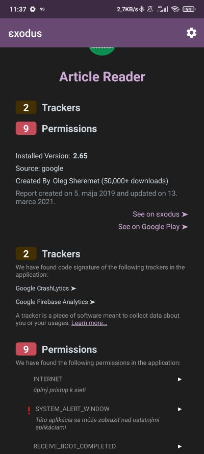 Exodus_analyza opravneni Android aplikacie_3