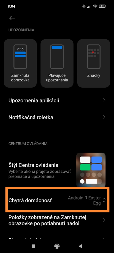 Android 11 Easter Egg Centrum ovládania Xiaomi