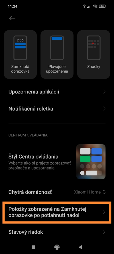 Skryť Centrum ovládania Xiaomi
