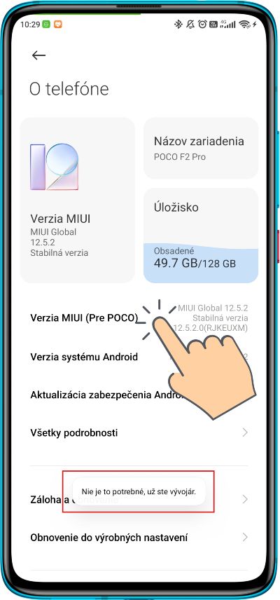 Xiaomi MIUI aktivovanie rezimu vyvojarov