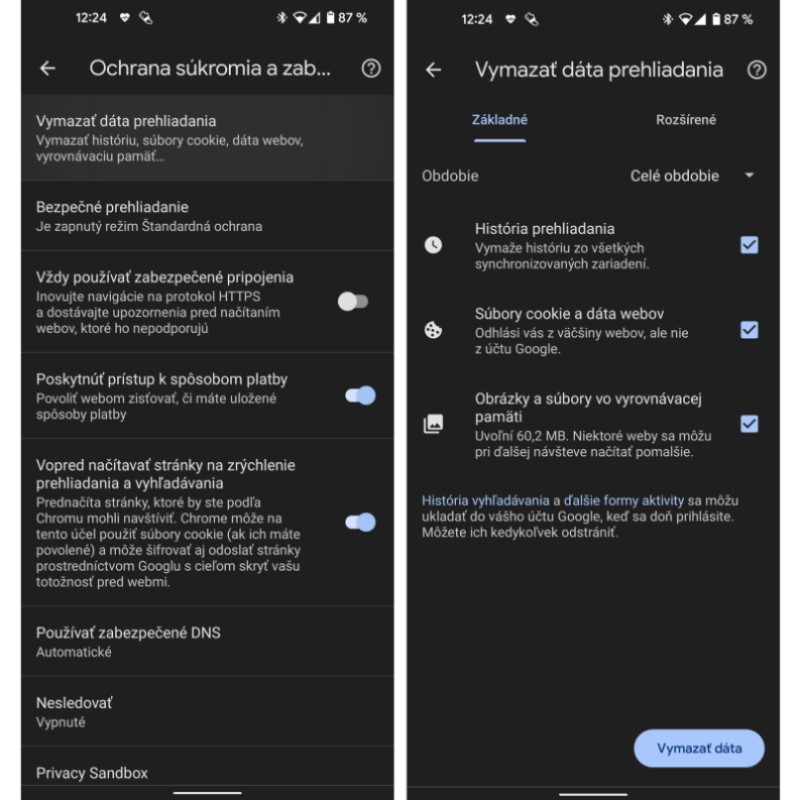 google chrome pre android ostranenie suborov cookies a cache pamate 2