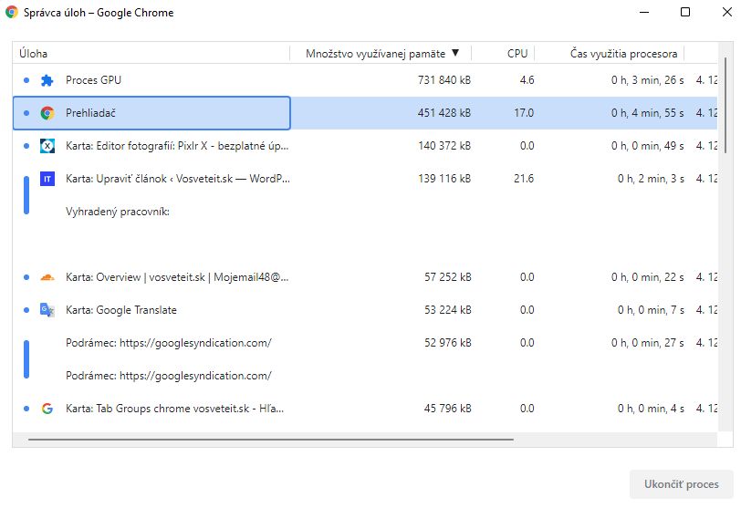 Spravca uloh prehliadac chrome