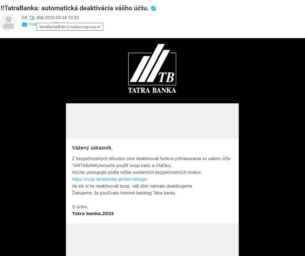Podvodny email tvariaci sa ako od tatrabanky