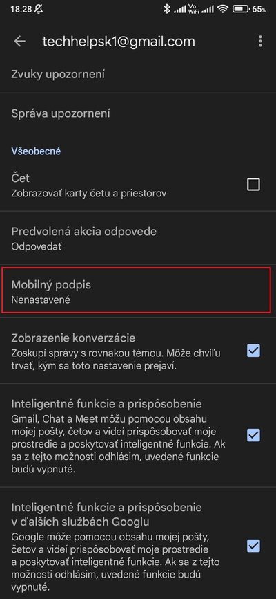 gmail mobilný podpis