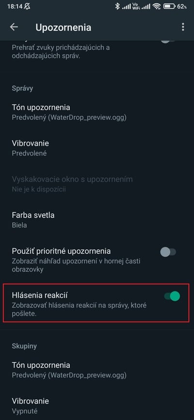 whatsapp hlásenia reakcií