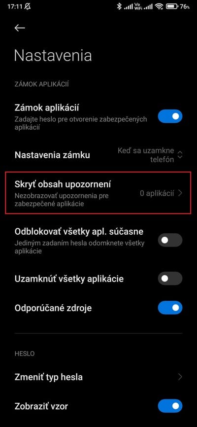 MIUI skryť obsah upozornení