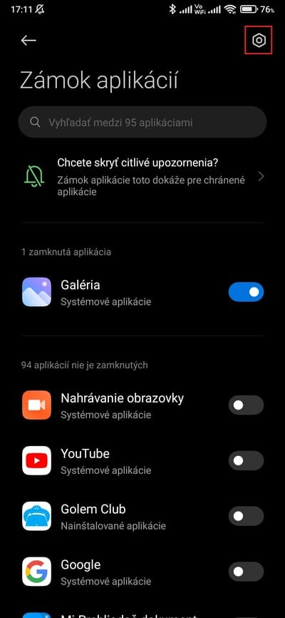MIUI zámok aplikácií zoznam aplikácií
