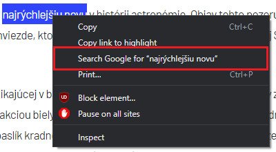 chrome vyhľadávanie z textu