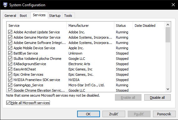 msconfig services