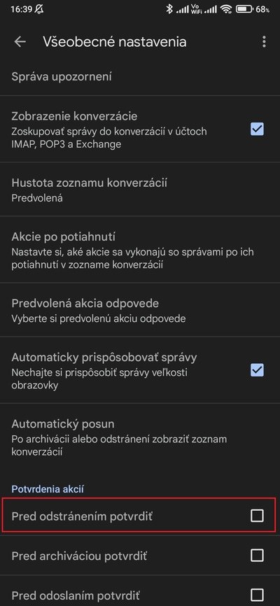 potvrdenie pred odstránením gmail