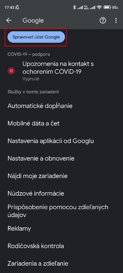 spravovať účet google