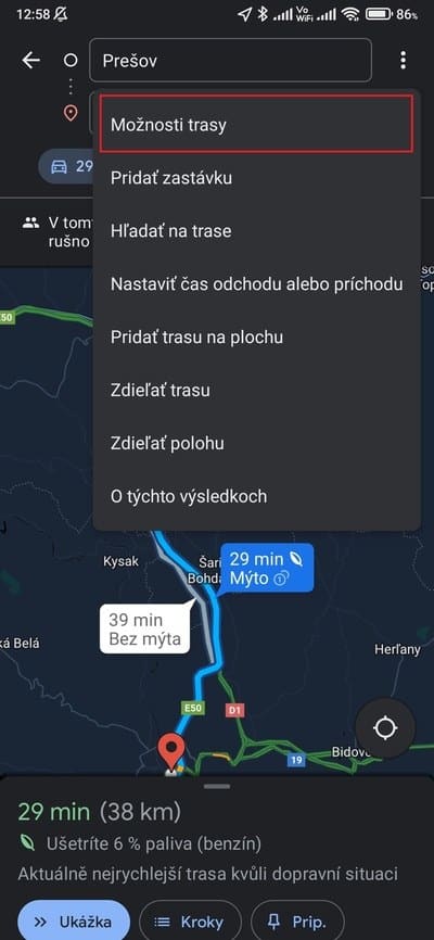 mapy možnosti trasy