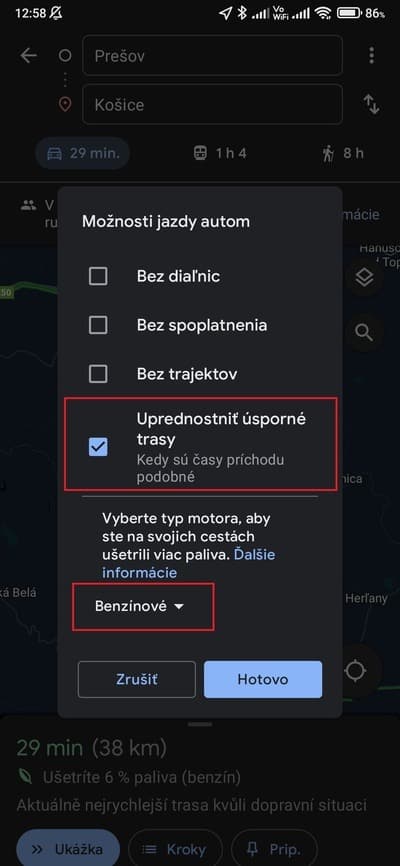 mapy nastavenia trasy