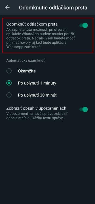 WhatsApp odomykanie odtlackom prsta
