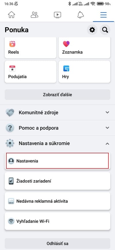 facebook nastavenia apka