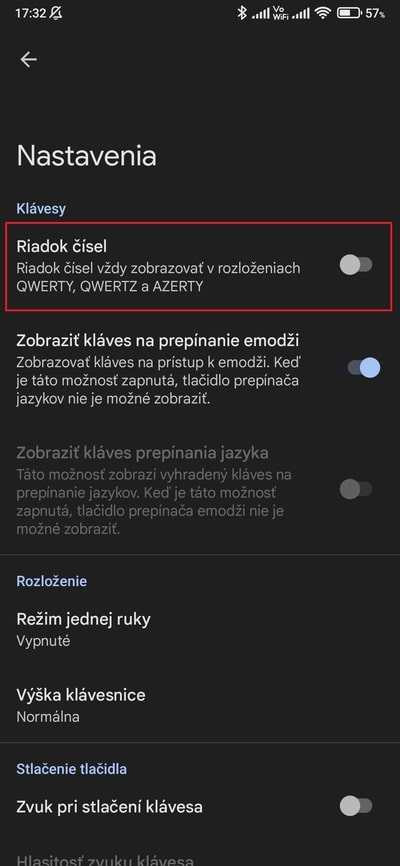 gboard riadok čísel