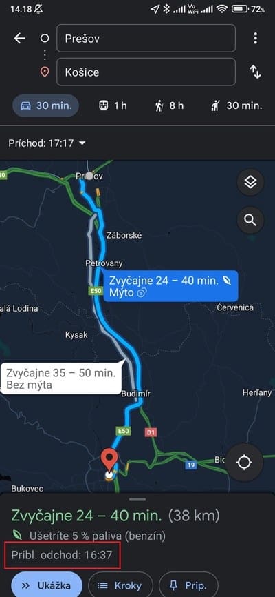 mapy približný odchod