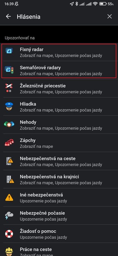 waze zoznam hlásení