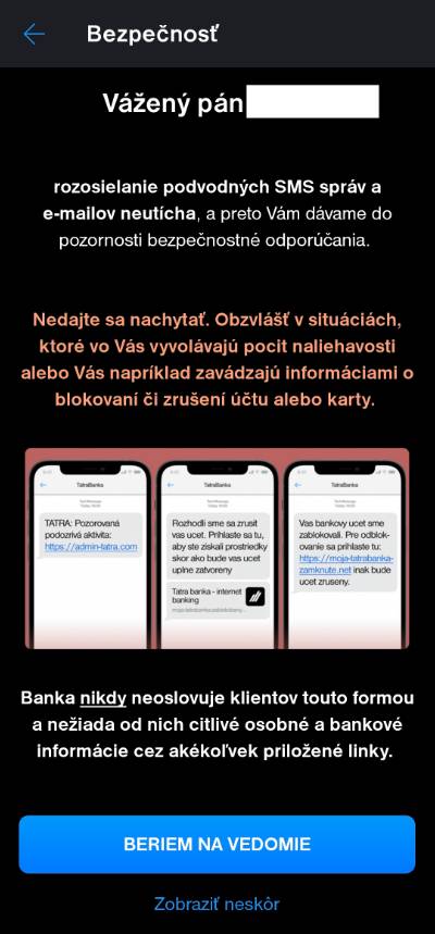 Upozornenie tatra banka falosne SMS a e-maily