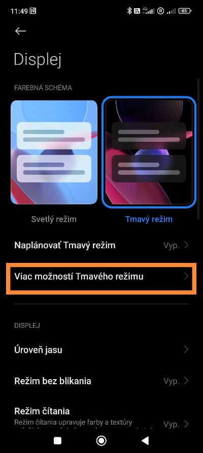Tmavý režim smartfón Xiaomi