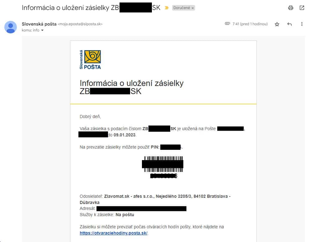 informacie o doruceni balika