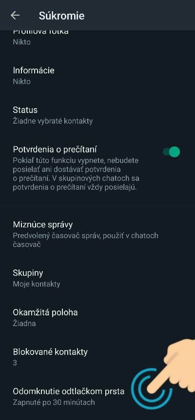 odomknutie WhatsAppu odtlackom prsta