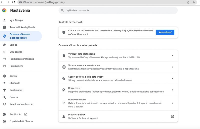 Chrome kontrola zabezpečenia