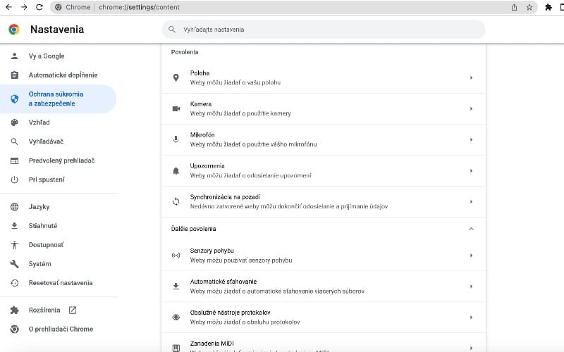 Chrome nastavenia povolení pre stránky