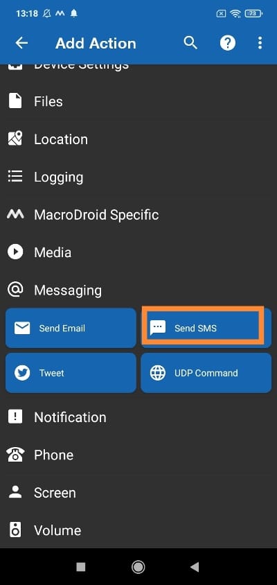 MacroDroid poslať SMS