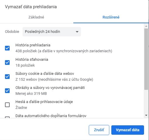 Možnosť vymazanie dat a ktore vymazať