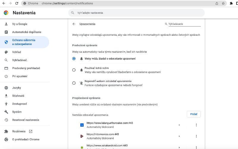 Nastavenia notifikácií Chrome
