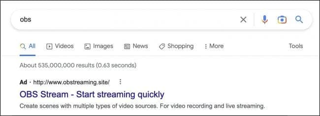 OBS reklama malvér Google