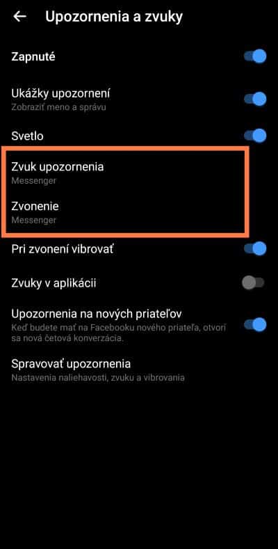 Okno na zmenu zvuku a upozorneni Messenger