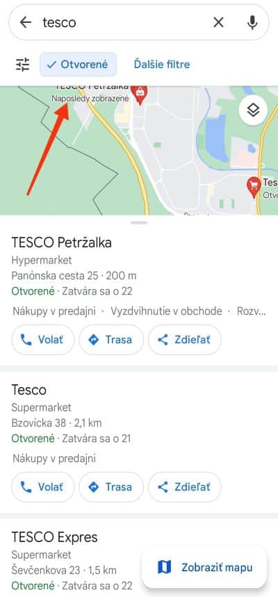 Na tomto obrázku môžete vidieť najbližšie predajne Tesco a samozrejme v hornej časti si viete nastaviť predajne ktoré sú otvorené teraz.
