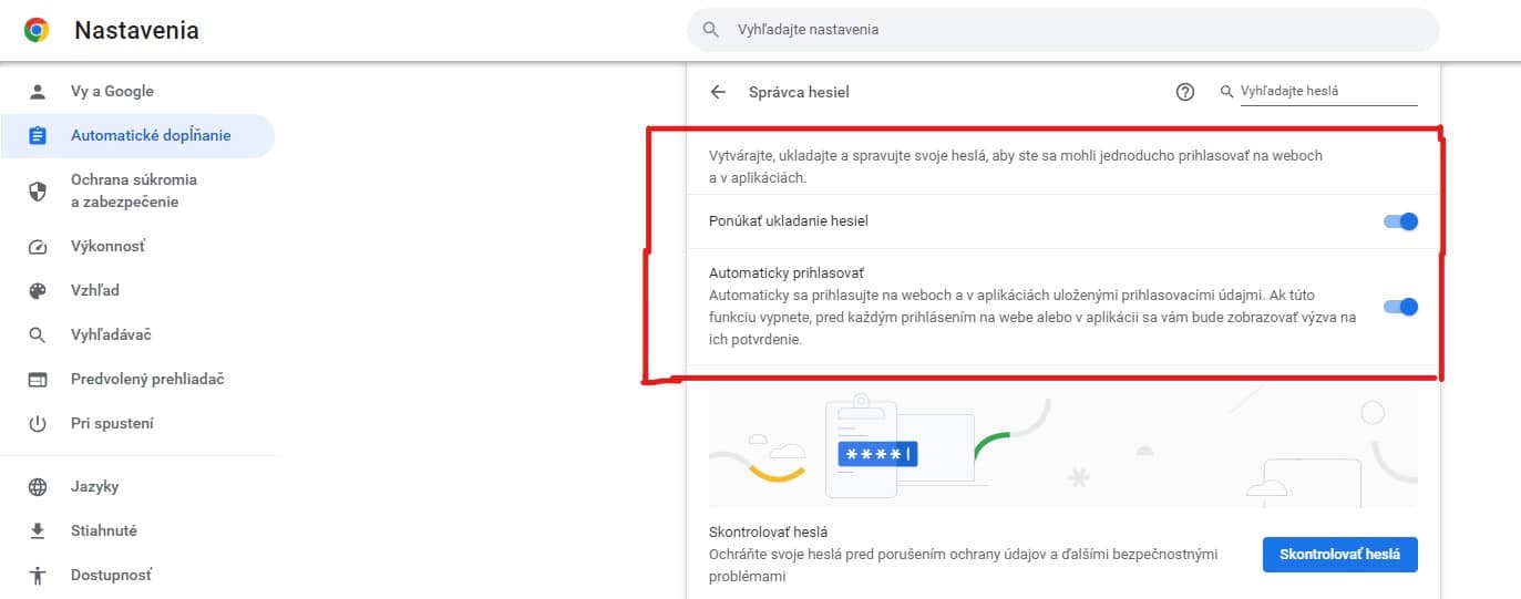 Označenie ponuky uklkadanie hesiel a automaticke prihlasovanie