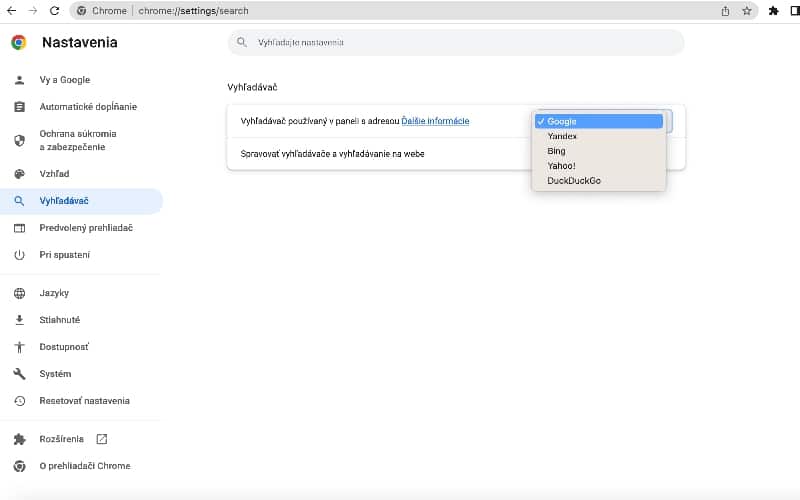 Výber vyhľadávača Chrome
