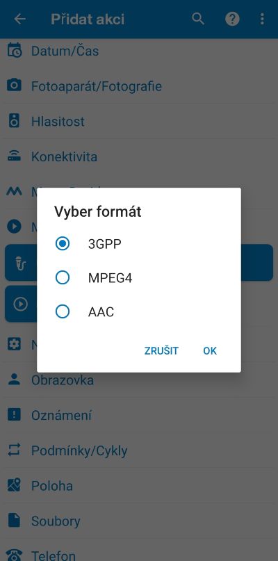Vybranie formátu zvuku Action Blocks