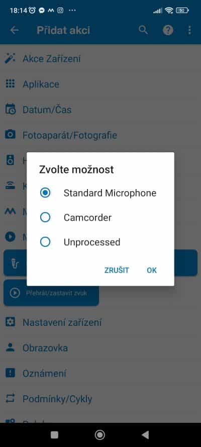 Zvolenie možnosti mikrofonu Action Blocks