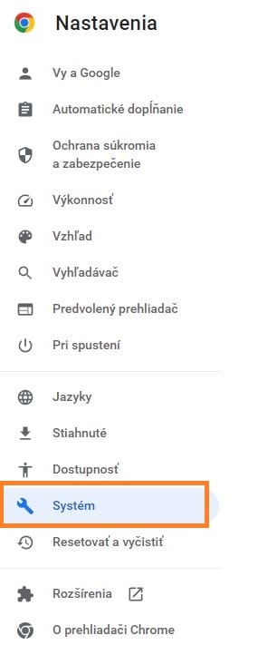 Možnost Systém chrome