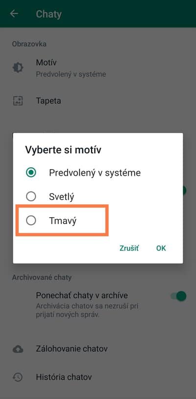 Označenie Tmavy motív WhatsApp