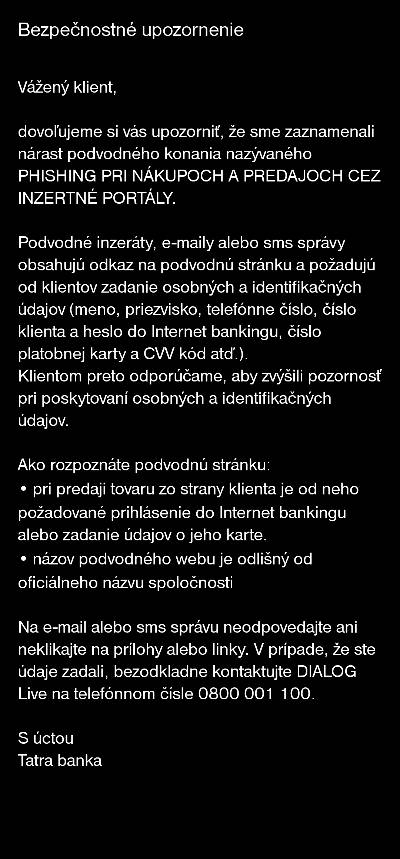 Tatra banka upozornuje na podvody