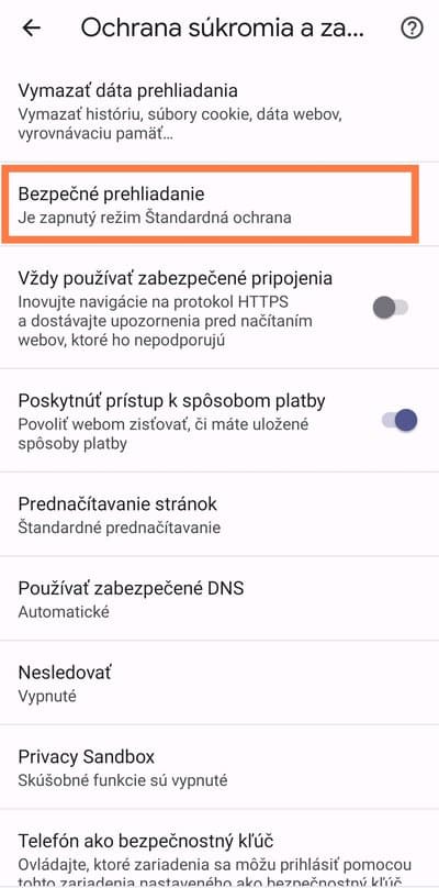 Chrome bezpečnosť prehliadania možnosť