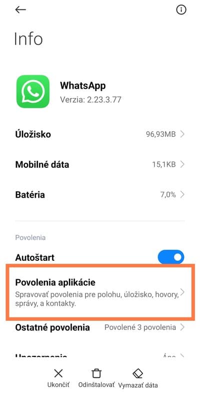 Možnosť Povolenia aplikácie