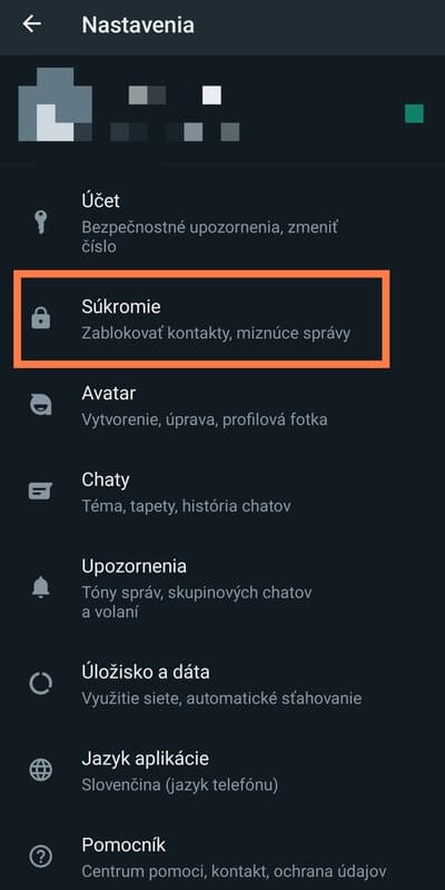 Možnost Sukromie WHatsApp