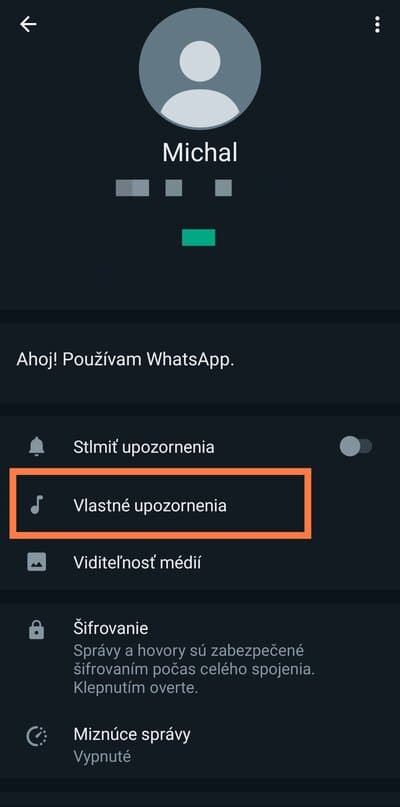 Možnosť vlastne upozornenia WhatsApp