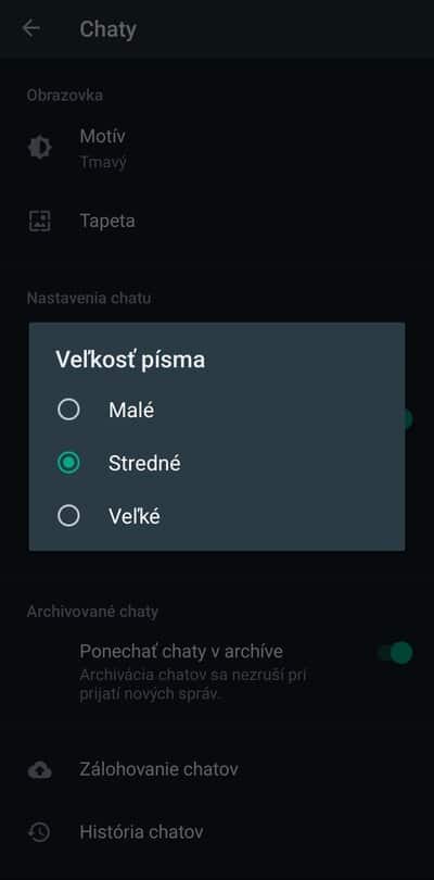 Možnosti velkosti pisma WhatsApp