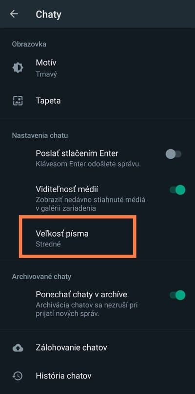 Označenie možnost velkost pisma WhatsApp