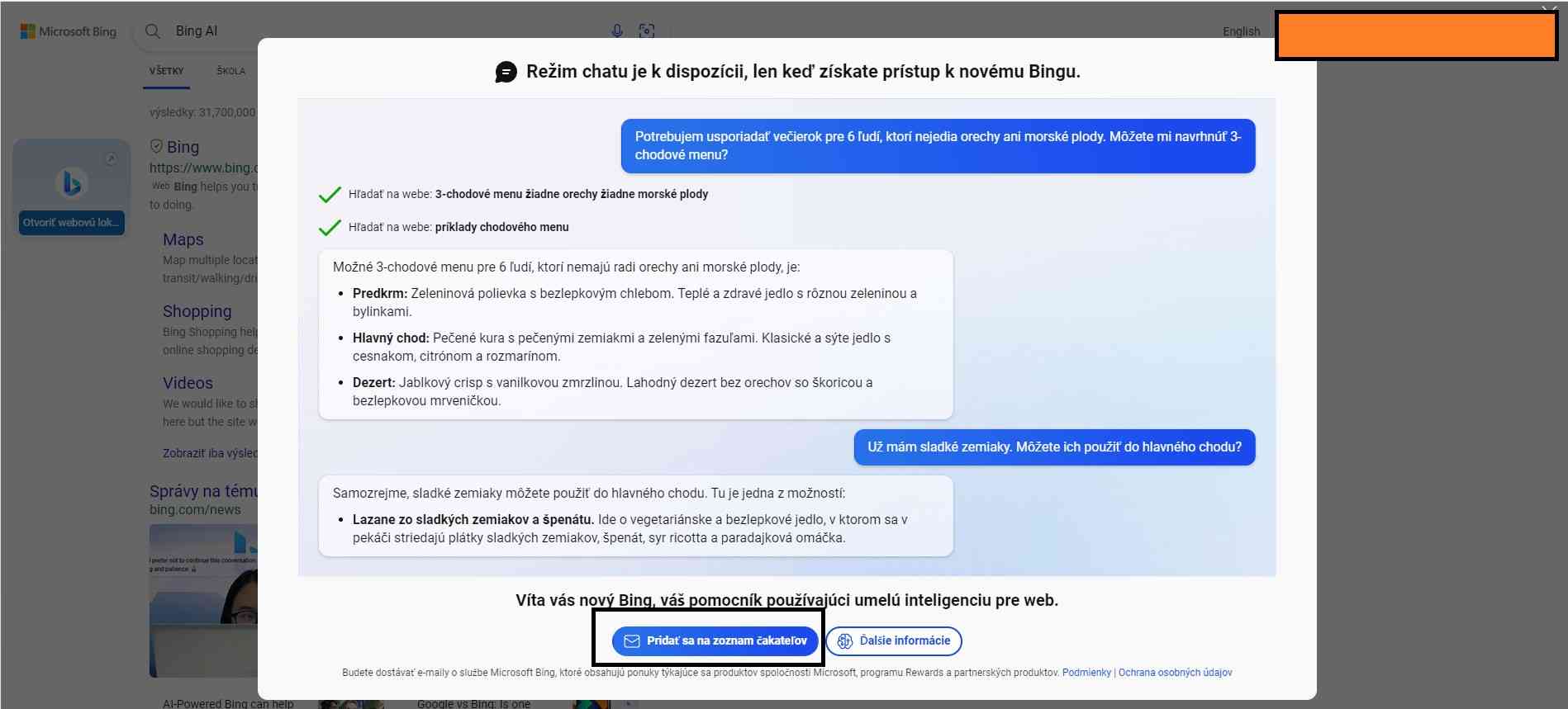 Označenie pridať sa na zoznam čakatelov Bing