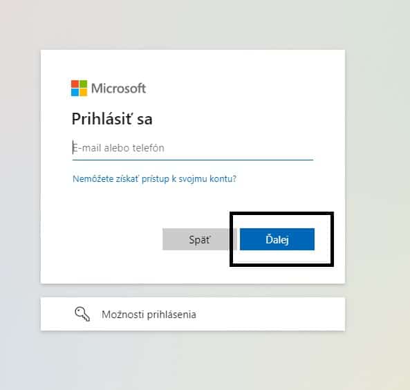 Prihlásenia a možnosť dalej Bing